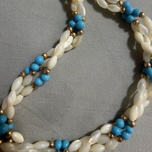 Vintage Elegant Beaded mother of pearl Necklace with Turquoise and Gold Accents